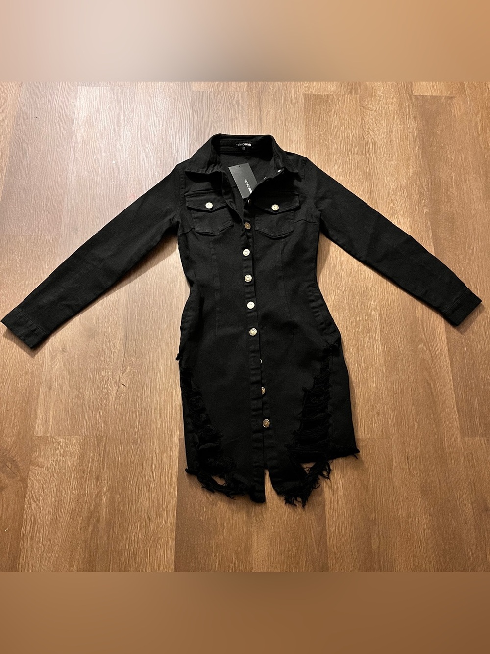 Fashion Nova Distressed Belleville Denim Dress | Ripped Hem | Long Sleeve (S)